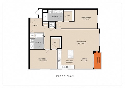 Floor plan for 2 beds, 2 baths, 1305 sqft